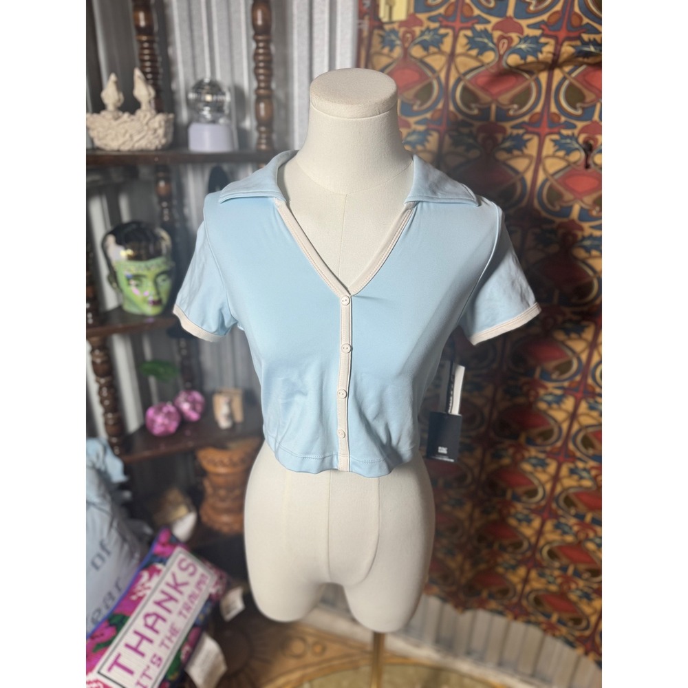 PacSun PAC 1980 Blue Button-Up Crop Top Short Sleeve Collared Shirt Womens